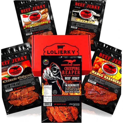 LOLJerky Firebox - Beef Jerky Sampler Box Carnivore Candy Creeping Reaper - The Hottest Beef Jerky, Mango Habanero, Burnout, Volcanic Jalapeño and Sweet Picante Carolina Reaper Beef Jerky Ghost Pepper Hottest Jerky Gift Box (Firebox - 5 Bag)