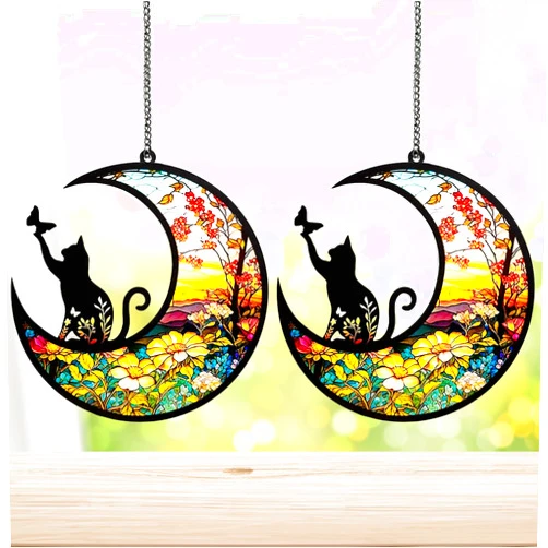 Fhiny Cat Memorial Suncatcher, 2 Pack Memorial Gift for Cat Lovers Loss of Cat Sympathy Gift Kitty on Moon Pet Remembrance Gifts Hanging Window Decor for Pet Christmas Halloween Suncatcher (Cat C)