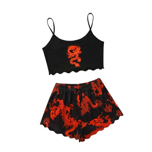 GeRRiT New Silk Chinese Dragon Element Printed Sling Top And Bow Decoration Suspender Shorts Home Wear Suit Dragon Pattern Ajamas Orange, Small