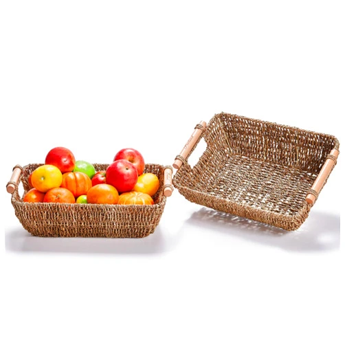 PROLAND Storage Basket Hand-Woven Large Storage Baskets with Wooden Handles, Seagrass Wicker Baskets for Organizing, 2-Pack