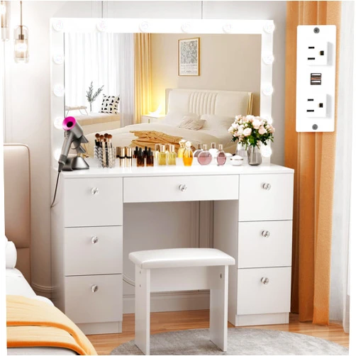 VOWNER Vanity with Lighted Mirror - Makeup Vanity Desk with Power Outlet and 7 Drawers, 3 Color Lighting Modes Adjustable Brightness, 44