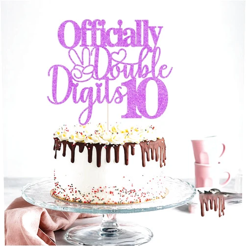 Sleyberoy Double Digits 10 Cake Topper-Officially Double Digits 10/Out Single Digits I'm 10 Cake Topper,boys girls Happy 10th/Ten birthday themes party Selected decor (Officially, purple)
