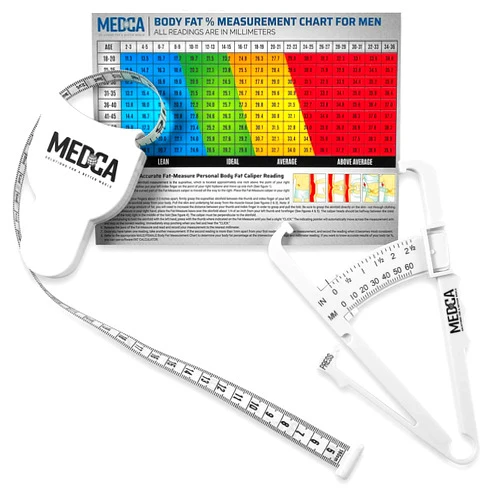 MEDca Body Fat Caliper and Measuring Tape for Body - Skinfold Calipers and Body Fat Tape Measure Tool for Accurately Measuring BMI Skin Fold Fitness and Weight-Loss - New Upgraded Design (White)