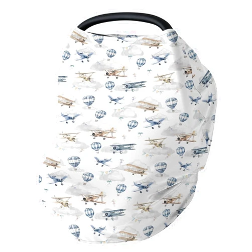 ZoUbqchY Vintage Planes Airplanes Helicopters Baby Car Seat Covers Hot Air Balloon Plane Clouds Sky Stretchy 5-in-1 Cover Adjustable Infant Carseat Cover Canopy Breathable Nursing Cover-Up