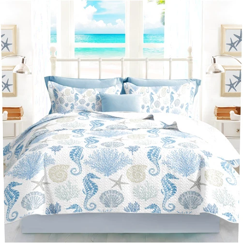 Weesire Coastal Bedding Twin Size Coastal Quilt with Shams, Nautical Bedding Beach Comforter Sets Ocean Bedspreads Blue Seahorse Coverlet Summer Bedding, 68''x86''