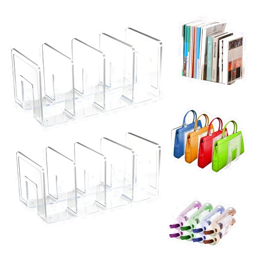 Lemical Clear Acrylic File Sorter 2 Pack Handbag Clutch Purse Organizer Acrylic Shelf Divider Drawer Organizers for Clothes Pouch Notebooks Stand Bookshelf Cooking Utensil (2Pack-4Sections)