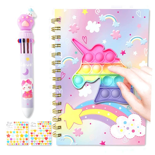 Heliar Pop Notebook for Kids, Fidget Girls Diary Journal with 10-in-1 Multicolor Ballpoint Pen and Stickers for Back to School Office Supplies Students Children Writing Drawing Gift Ages 4-12