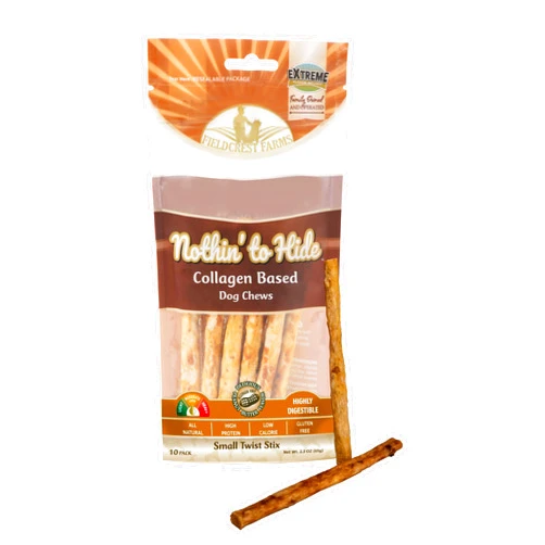 Fieldcrest Farms Nothin' to Hide Twist Stix, Peanut Butter Flavor, Easily Digestible, Supports Skin, Coat, Joints & Muscles, for Moderate Chewers Under 15lbs, 10 Pieces