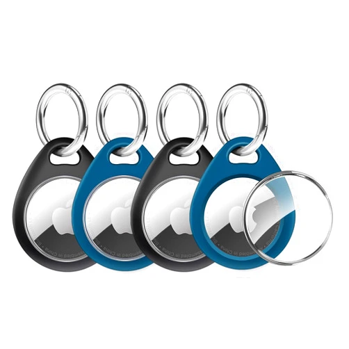 MOLOVA Holder for Air Tags - 4 Pack Apple AirTag Holder AirTag Keychain, Waterproof TPU Shell Protective Case with Metal Keychain, Air tag Accessories for GPS Item Finder Tracker(Black + Blue)