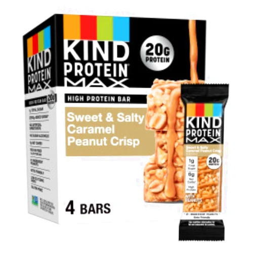 KIND Protein MAX Sweet & Salty Caramel Peanut Crisp Snack Bars, 20g of Protein, Keto Friendly, 1g of Sugar Per Bar, Gluten Free, 4 Count Box