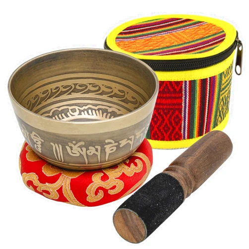 KARMA CRAFTER Tibetan Singing Bowl Set - 4” inch Mantra Carved Sound Bowl Meditation Set - Meditation Bowl with Cushion, Mallet and Bag - Cuencos Tibetanos for Sound Bath and Healing