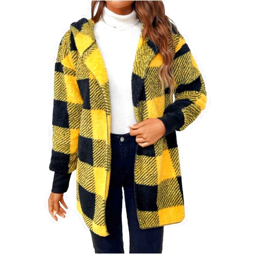 Generic Winter Coats for Women Warm Plush Hooded Jackets Zip Up Cardigan Trendy Casual Plaid Fleece Fuzzy Outerwear