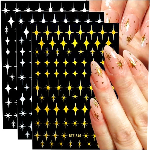Dornail 8 Sheet Shiny Gold Stars Nail Stickers Silver 3D Four-Pointed Star Nail Decals Starlight Self-Adhesive Sticker Nail Designs Nail Accessories for Women Girl Nail Decorations Nail Art Supplies