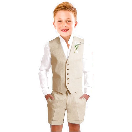 Tesscy Boys Linen Shorts Suit Summer Vest Suit Set for Boys Slim Fit Formal 3 Piece Kids Tuxedo Beach Wedding Outfit with Tie