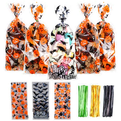 LOKIPA Halloween Cellophane Treat Candy Bags,150 Pieces Halloween Cellophane Gift Goody Snack Sweet Bags with Twist Ties for Halloween Party Supply（3 Style）