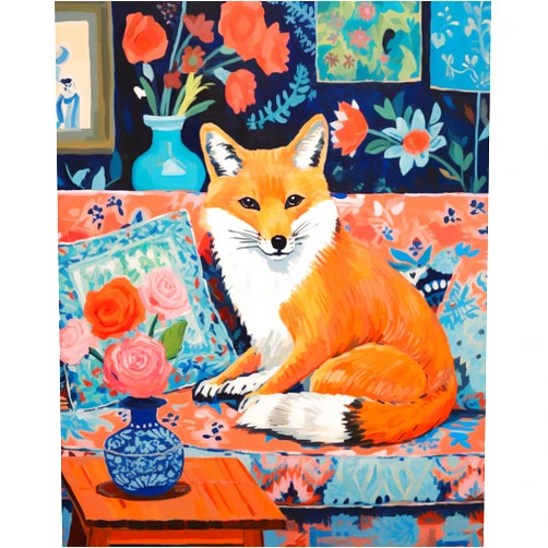 Tucocoo Fox Sitting on Sofa Paint by Number Cute Animal Retro Style Painting DIY Painting on Canvas with Brushes Acrylic Paints Paint by Numbers for Adults and Kids Beginner DIY Kit 16x20 Inch（without Frame）