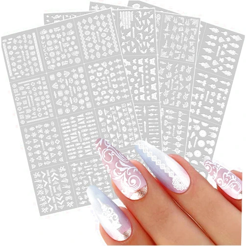 FJSMTOPl 48 Sheets White Nail Art Stickers Decals Boho Nail Decals 3D Self-Adhesive Retro Nail Sticker Moon Sun Nail Decals Geometric Nail Design Stickers for Women Nail Art Supplies Decorations
