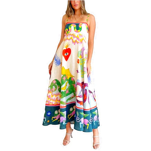 Cjfdfy Cute Summer Nap Dresses with Pockets for Women 2024 Casual Maxi Dress Long Colorful Boho Graffiti A-line Flowy Sundress
