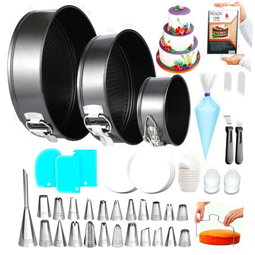 RFAQK 150PCs Cake Pan Set for Baking + Cake Decorating Supplies: 3 Round Non Stick Springform Pan Set (4, 7, 9 inches),24 Icing Tips,Cake Leveler–Multi-functional Leak-Proof Cake Pans & eBook