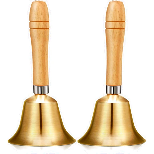 EBOOT 2 Pieces Solid Brass Hand Call Bells with Wooden Handle Handbells Loud Ringing Bell Hand Held Service Bell Animal Bell Decoration(3.15 x 3.15 x 5.9 Inch)