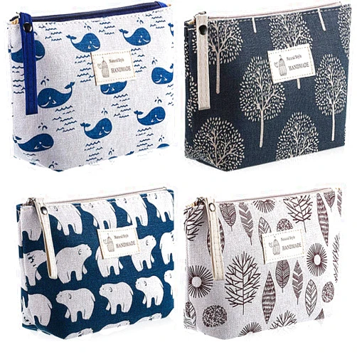 Boao 4 Pieces Canvas Cosmetic Bags Set Printed Makeup Bags with Zipper Multi-Functional Canvas Travel Pouch for Women Girls Vacation Travel Toiletry Bag, 4 Styles (Whale, Bear, Tree, Leave, Small)