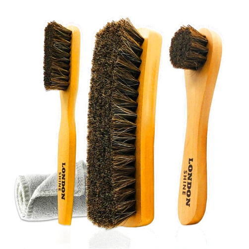 London Shine Shoe Brush - 4 Pcs Horse Hair Shoe Care Kit, Premium Shoe Brush Set to Clean & Buff Shoes, Boots & Accessories - Includes Large Brush, Long Handle Brush, Dauber & Cleaning Cloth.