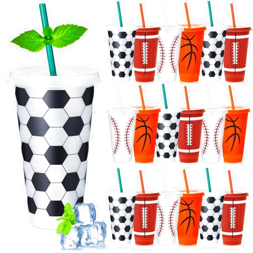 Uiifan 24 Pcs Sports Themed Party Decoration Cups 24 oz Soccer Plastic Tumblers with Lid and Straw Reusable Sports Cups Bulk Sports Party Favors for Coach Kids Adults Boyfriend Birthday Party Decor