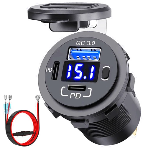 Cllena 12V USB Outlet Dual PD USB C & Quick Charge 3.0 Car Charger 3 Port USB Socket with Voltmeter and Power Switch, Multi-Function Car USB Charger Adapter for Car Boat Marine RV Truck ATV etc.