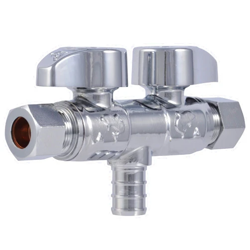 SharkBite 1/2 x 3/8 x 3/8 Inch Brass Crimp Angle Stop Valve, Dual Shut Off, Quarter Turn, PEX Pipe, PE-RT, UCDS123838Z