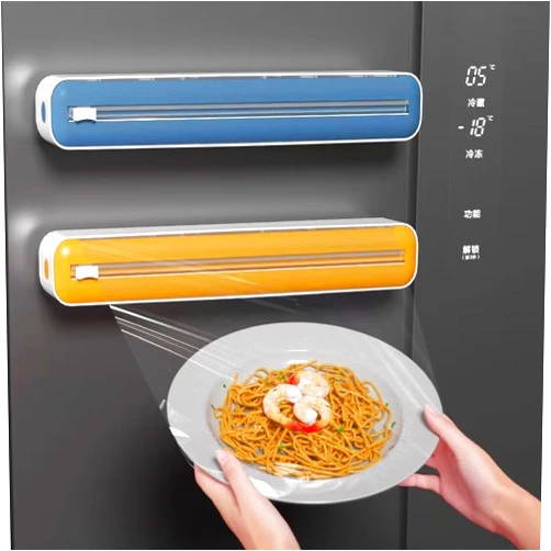 JIMWEIBU Plastic Wrap Dispenser with Slide Cutter, Refillable Magnetic Cling Film Cutter, BPA Free