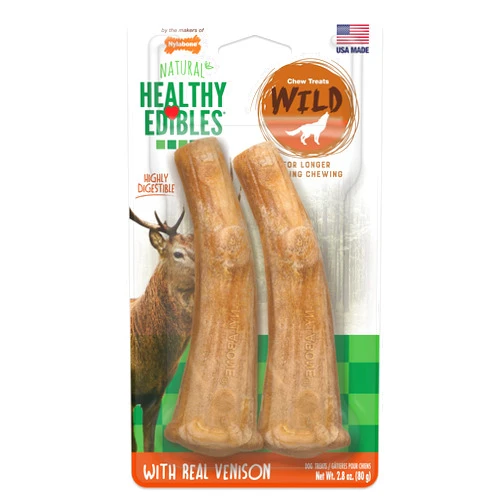 Nylabone Healthy Edibles WILD Natural Dog Chew Treats for Large Dogs, Long Lasting Dog Healthy Chew Antler Bone Made in USA, Venison Flavor, For Dogs Up to 50 lbs. (2 Count)