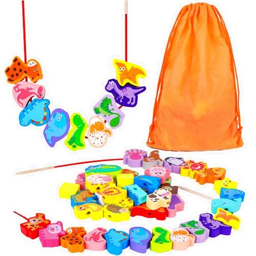 LovesTown 42PCS Lacing Beads Educational Toys, Wooden Stringing Farm Animals Fruits Lacing Beads Preschool Toys for Kids Boys Girls