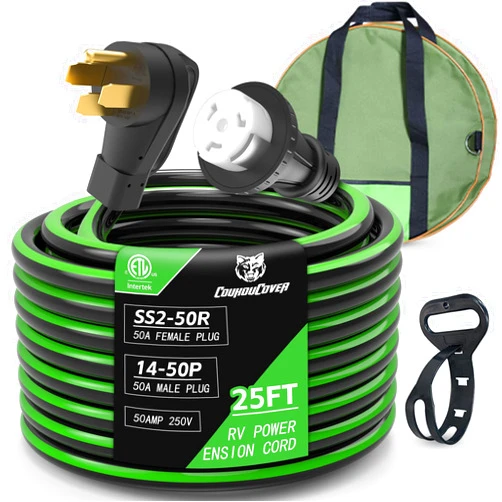 CoukouCover Black Green Power Cord, 14-50P to SS2-50R RV Locking Adapter Plug, 50 Amp 25 Feet Heavy Duty RV Power Extension Cord for RV Camper Generator to House, ETL Listed