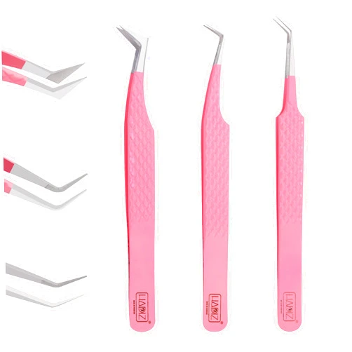 Hadiz Fiber Tip Volume Lash Tweezers Eyelash Extensions Volume Mega Volume 45 and 90 Degree Tweezers(Pack of 3, PINK)
