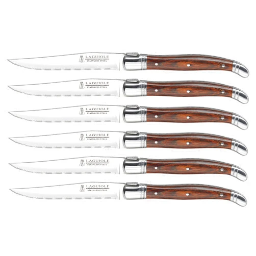 Trudeau Brown & Gray Set of 6 Laguiole Steak Knives with Pakkawood Handles, Stainless/Wood