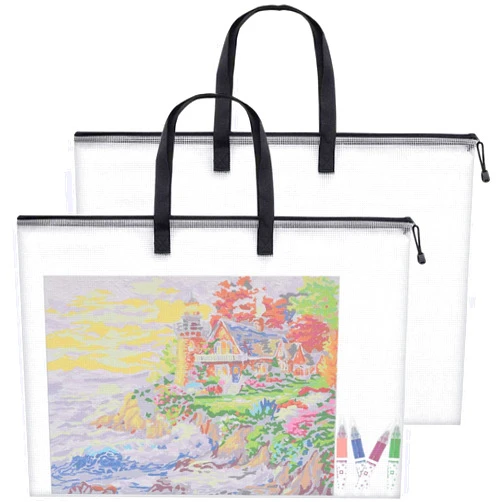 GREBSTK 2 Piece Large Posters Art Portfolio Bag 28 x 20 Inch Poster Storage Bag Board Holder with Handle and Zipper Organizer Transparent Bag for Posters, Poster Board, Painting, Bulletin Boards