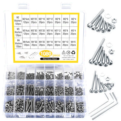 Bayidun 1080pcs Screws Bolts and Nuts and Washers Assortment Set, Metric M4 M3 M2 Stainless Steel Hex Socket Head Cap Screws Kit, Assorted Machine Screws Nuts and Bolts with Washers (1080 Silver)