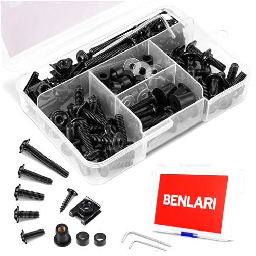 Benlari Motorcycle Fairing Bolt Kit 304 Stainless Steel Screws 177Pcs M5 M6 Universal Windscreen Screws Fit For Kawasaki Yamaha BMW Honda Suzuki GSXR Harley Davidson Black