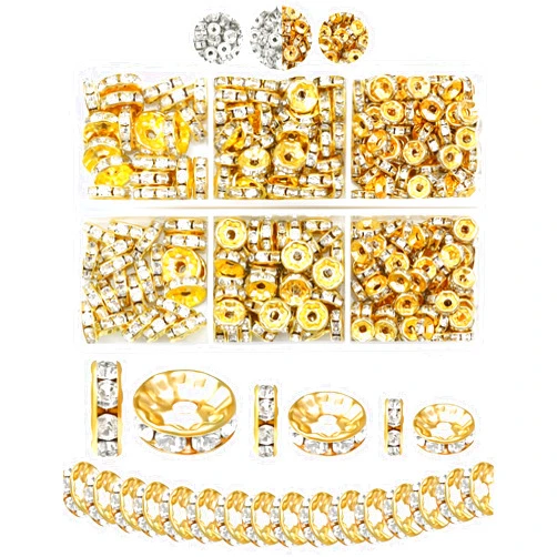 FIVEIZERO 300pcs Rondelle Spacer Beads for Jewelry Making, 6mm, 8mm, 10mm Beads with Holes,Gold Rhinestone Beads for Beaded Pens, DIY Crafts, Bracelets & Necklaces