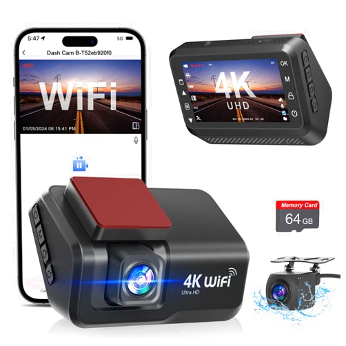 Otovoda Dash Cam Front and Rear Camera, 4k+1080P WiFi Dual Dash Cam with APP, 3’’ IPS Dash Camera for Cars with Free 64GB Card, Otovoda Dashboard Camera with Night Vision, 24/7 Parking Monitor, WDR