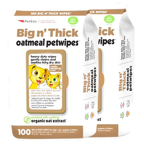 Petkin Pet Wipes for Dogs and Cats, 200 Wipes (Large) – Oatmeal Pet Wipes for Dogs and Cats – Soothes Itchy Dry Skin and Cleans Ears, Face, Butt, Body and Eye Area – 2 Packs of 100 Wipes