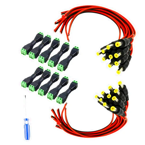 FINXRoll 10Pairs DC Male Power Pigtail Cable 12V 5A + 10Pairs DC Power Jack Plug Adapter Barrel Connector for LED Pigtail CCTV Security Surveillance Cable(1x Terminal Screwdriver)