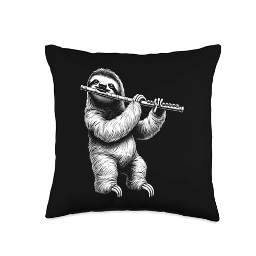 Sloth Flute Player Accessories Flutist Sloth Playing Flute Flutist Player Instrument Musician Throw Pillow, 16x16, Multicolor