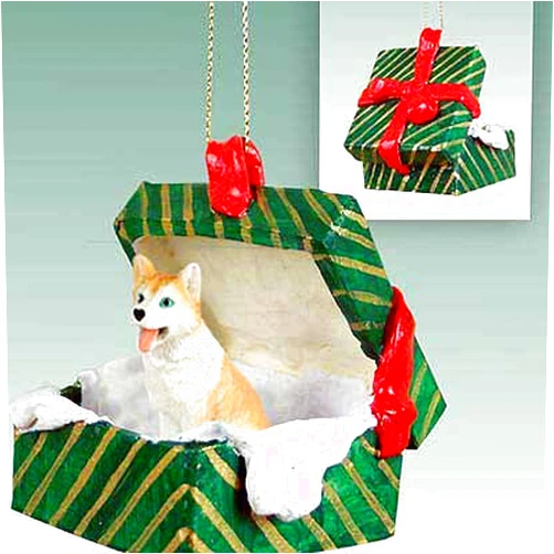 Conversation Concepts Siberian Husky Gift Box Christmas Ornament Red-White Blue Eyes - Delightful!