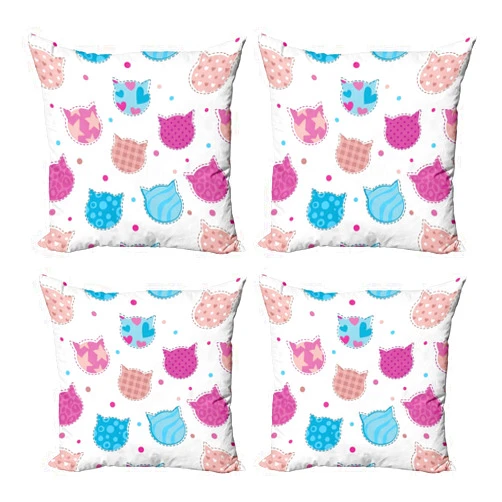 Lunarable Cat Throw Pillow Cover Set of 4, Girly Pattern with Patchwork Kitten Head Female Fun Design, Square Cushion Covers Decor for Bed Couch Sofa, 16