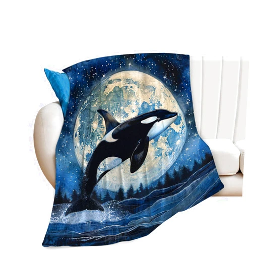 Klymax Orca Whale Blanket Killer Whale Moon Decor Throw Blankets Ultra Soft Cozy Fuzzy Plush Fleece Flannel Ocean Life Blanket Gifts for Whale Lover Girls Women Boys Men Kids for Bedding Sofa 40