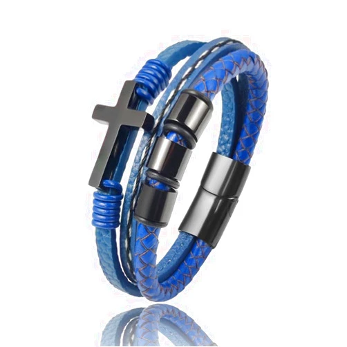 Generic Beads Cross Bracelets Black Braided Leather Stainless Steel Bracelets for Men Fathers IG3E9 (B- BlueCross-22cm)