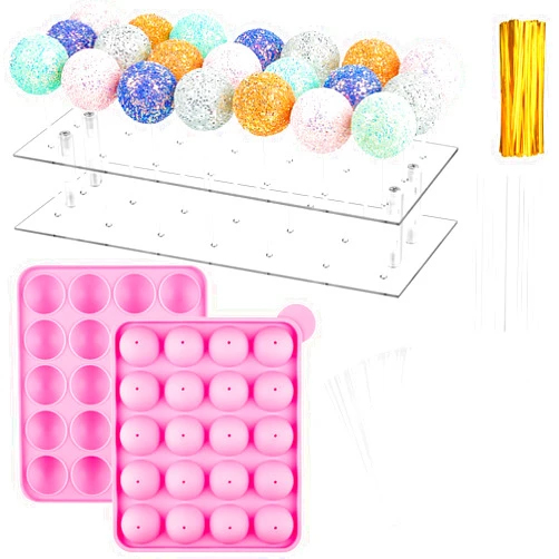 Kucoele Cake Pop Maker Kit, 21 Hole Clear Acrylic Lollipop Display Stand with 20 Cavity Silicone Cake Pop Mold, 100 Pcs Sticks Treats Bags and Twist Ties for Lollipop and Cake Pop (Pink)