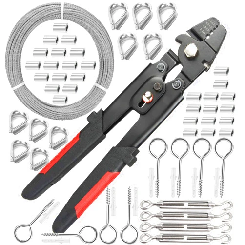 Yeerong Stainless Steel Wire Rope Kit. 5/64 Steel Wire Cable 100FT + Wire Rope Crimping Tool + 30Pcs Aluminum Crimping Sleeves + 10Pcs Thimbles + 4Pcs Turnbuckle + 8Pcs Eye Screw for Fencing, Trellis, Hanging
