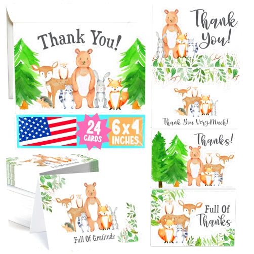 Hadley Designs 24 Kids Thank You Cards Birthday - 4x6 Animal Woodland Baby Shower Thank You Cards with Envelopes Kids ThankYou Notes Bulk, Blank Teacher Appreciation Notes, Party Supplies, Made In USA